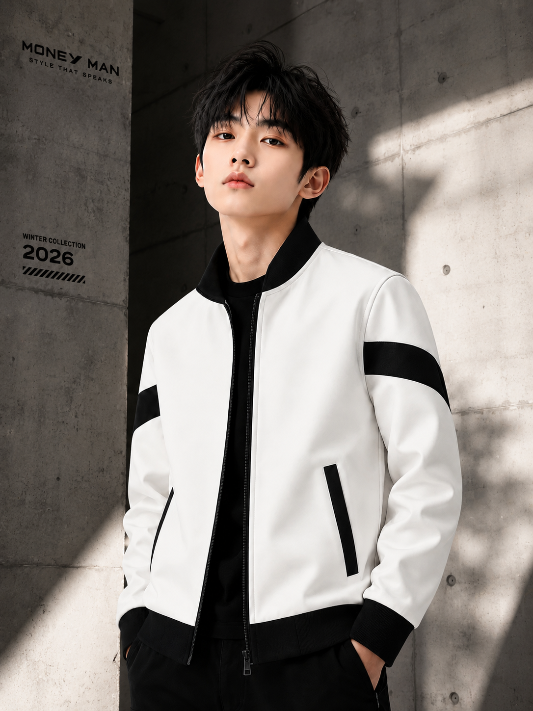 Men’s White & Black Bomber Jacket – Modern Streetwear Fashion
