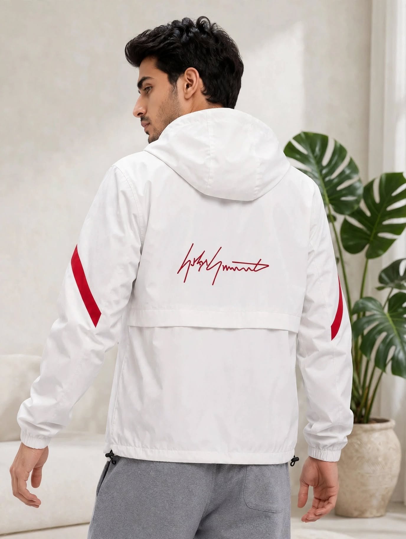 Men’s White Hooded Windbreaker Jacket with Red Stripes – Casual Sporty Fashion