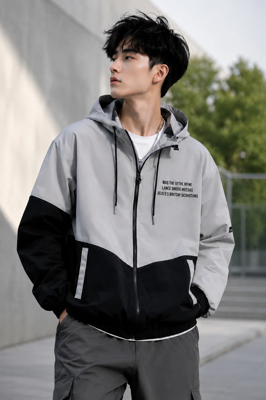Men’s Black & Gray Hooded Windbreaker Jacket – Urban Streetwear