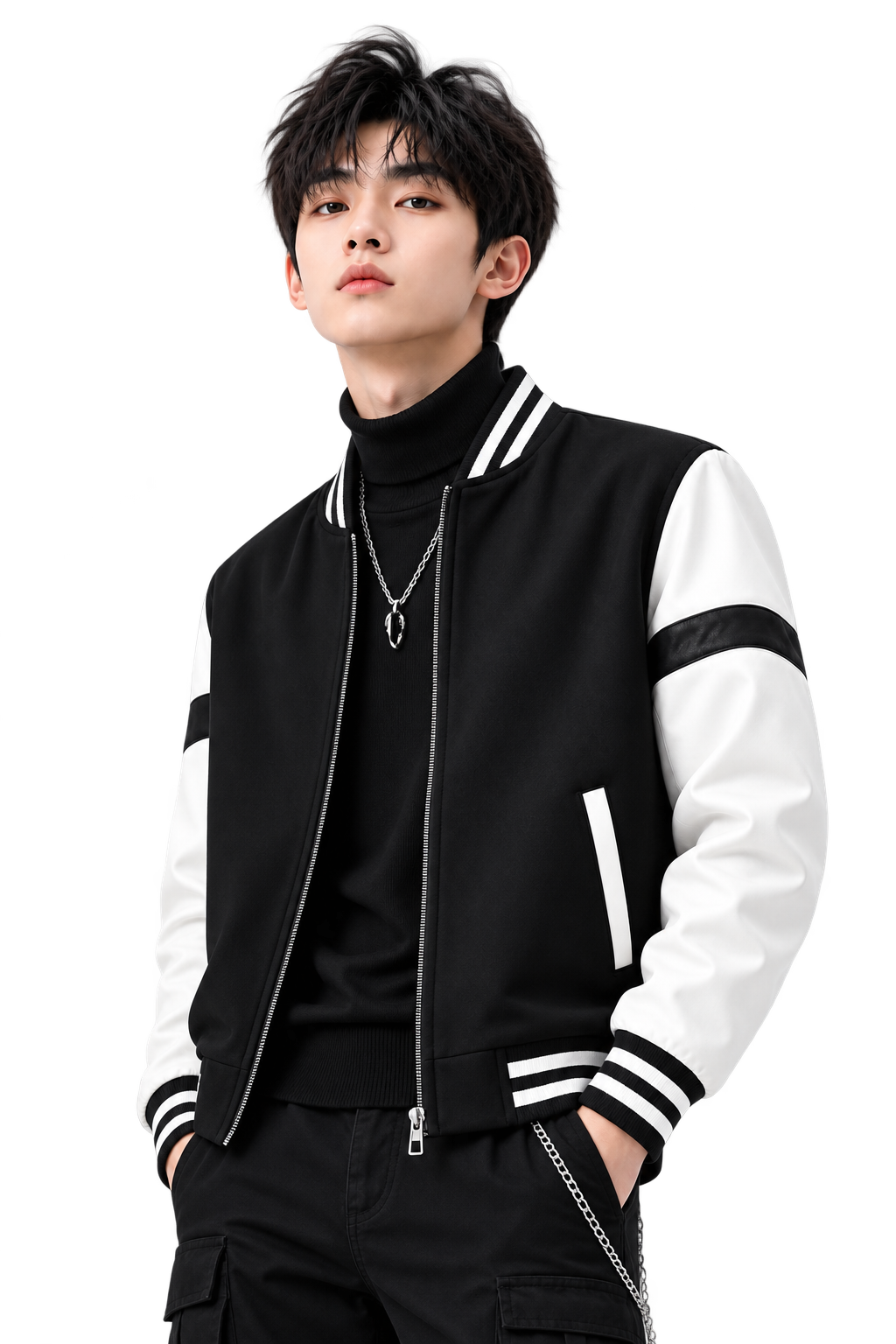 Stylish Young Man in Black and White Varsity Jacket