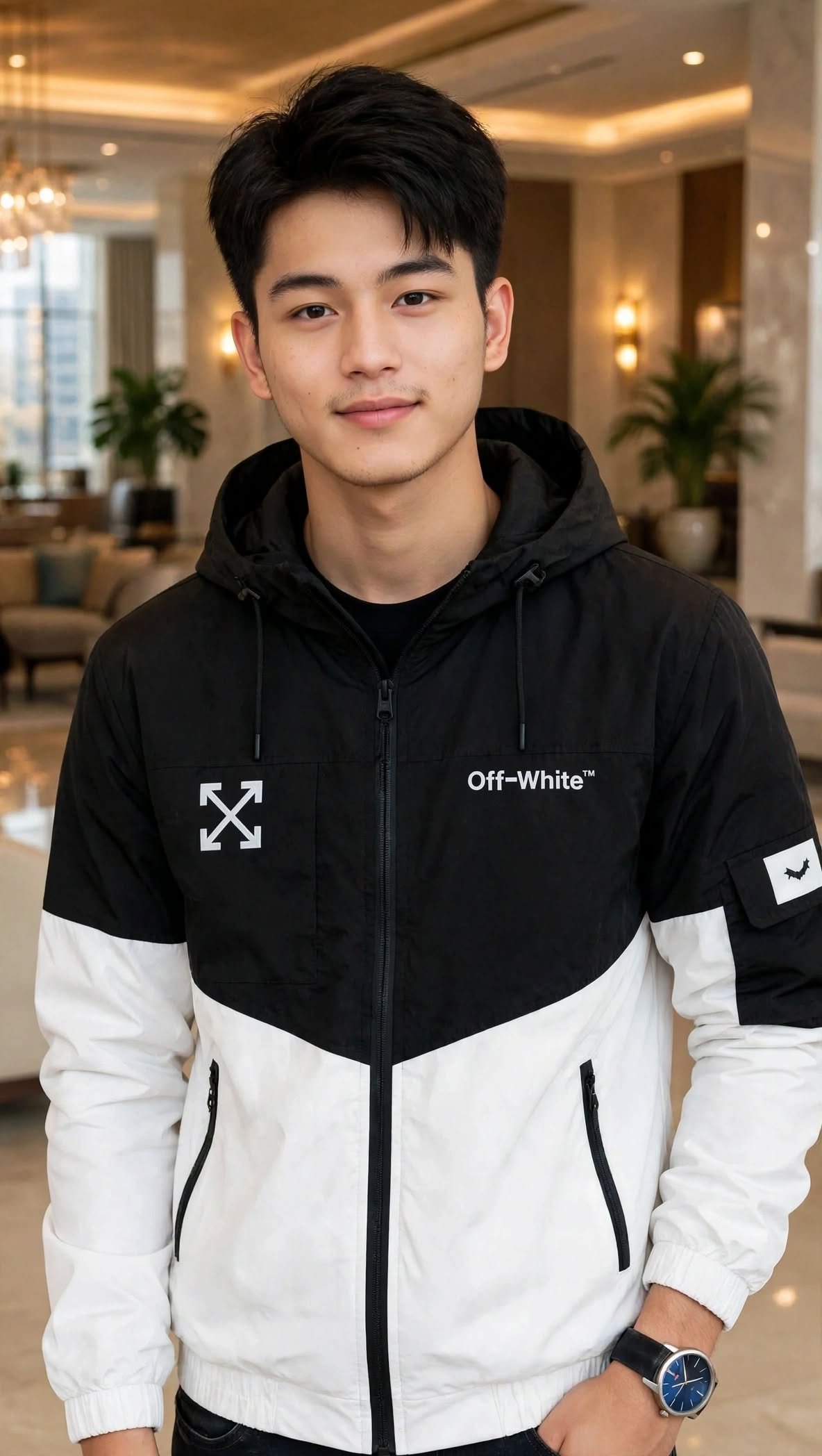 Men’s Black & White Hooded Windbreaker Jacket – Stylish Color Block Streetwear