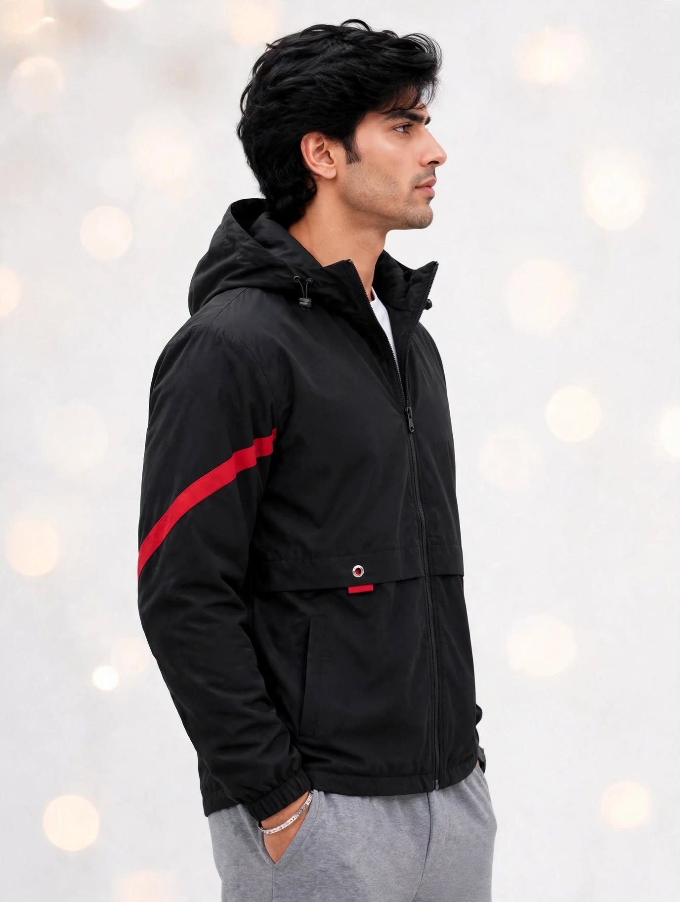 Men’s Black Hooded Windbreaker Jacket with Red Stripes – Sporty Streetwear Fashion