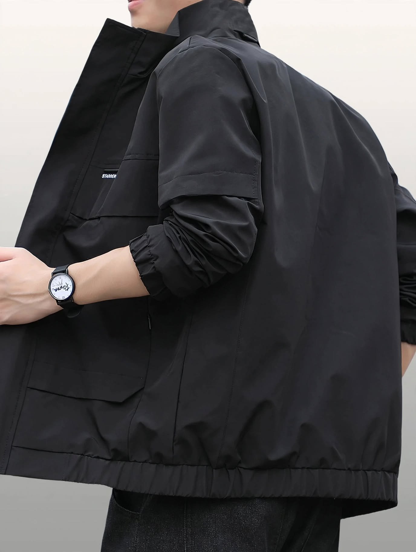 Men's Black Utility Jacket – Stylish Full-Zip Casual Jacket with Multiple Pockets