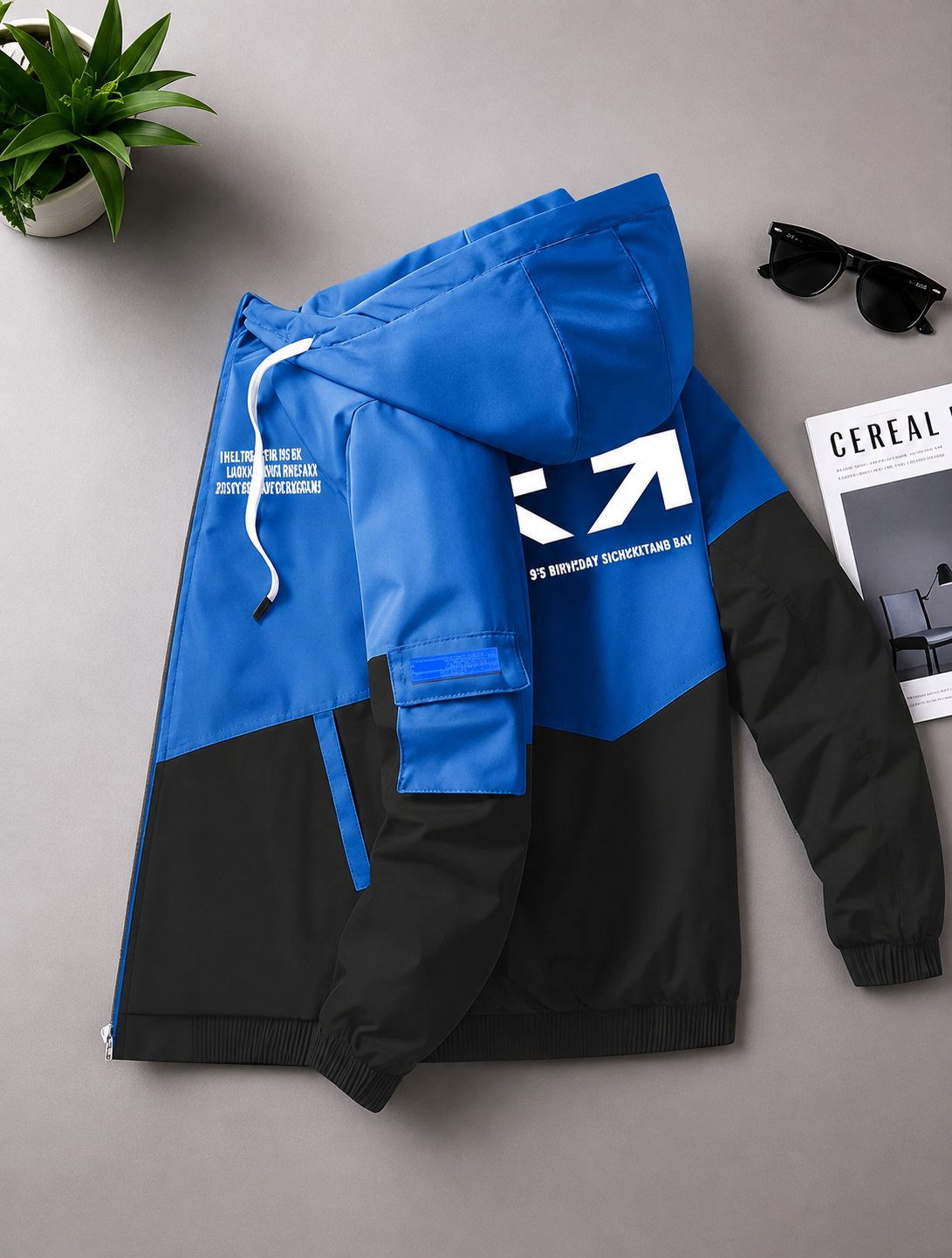 Men's Blue & Black Hooded Windbreaker Jacket – Stylish Color Block Graphic Outdoor Jacket