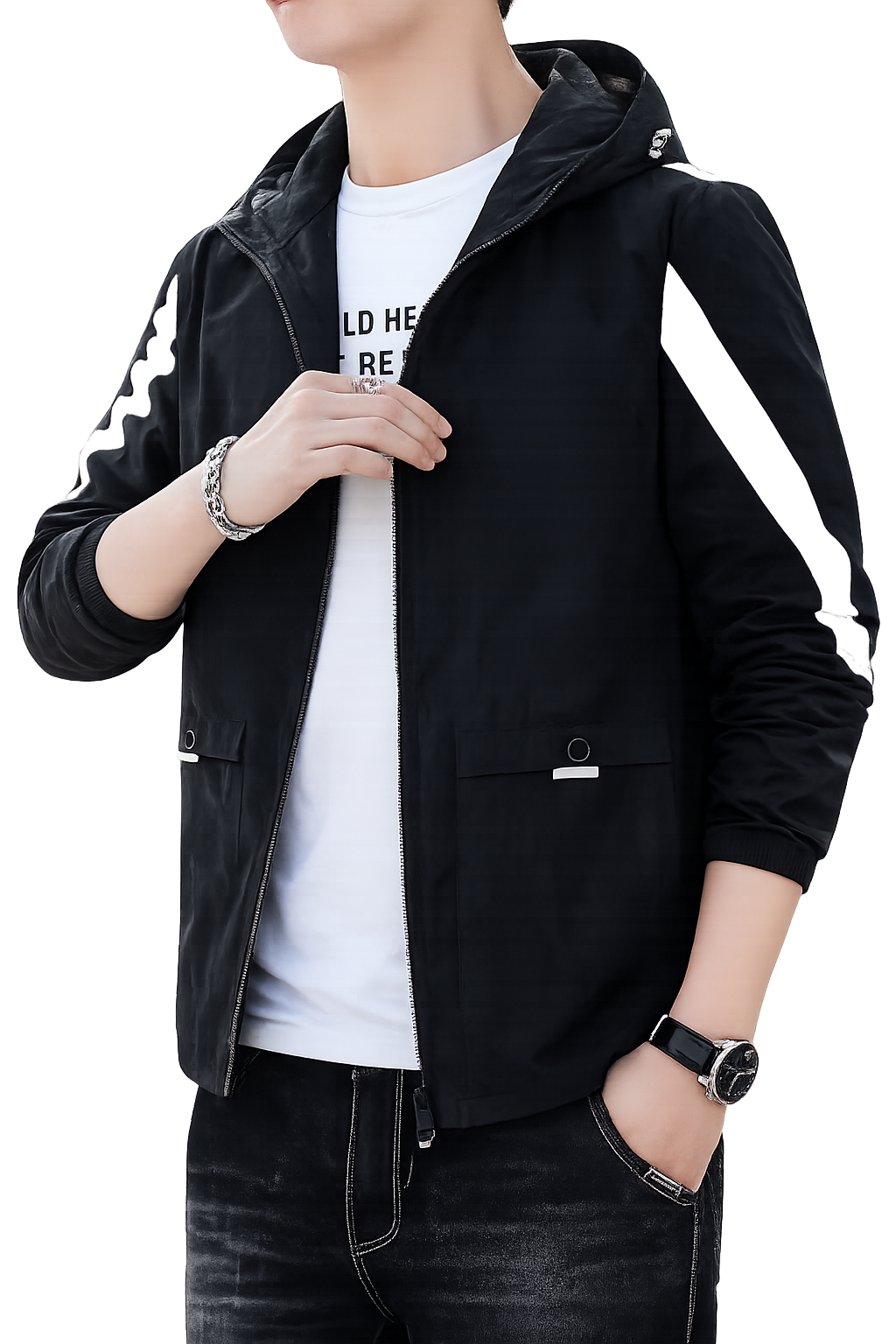 Men's Black Hooded Windbreaker Jacket with White Sleeve Stripes – Stylish Casual Outdoor Jacket