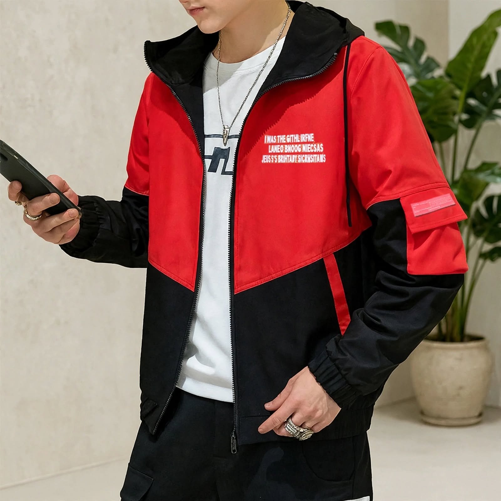 Men's Red & Black Hooded Windbreaker Jacket – Color Block Casual Zip-Up Jacket