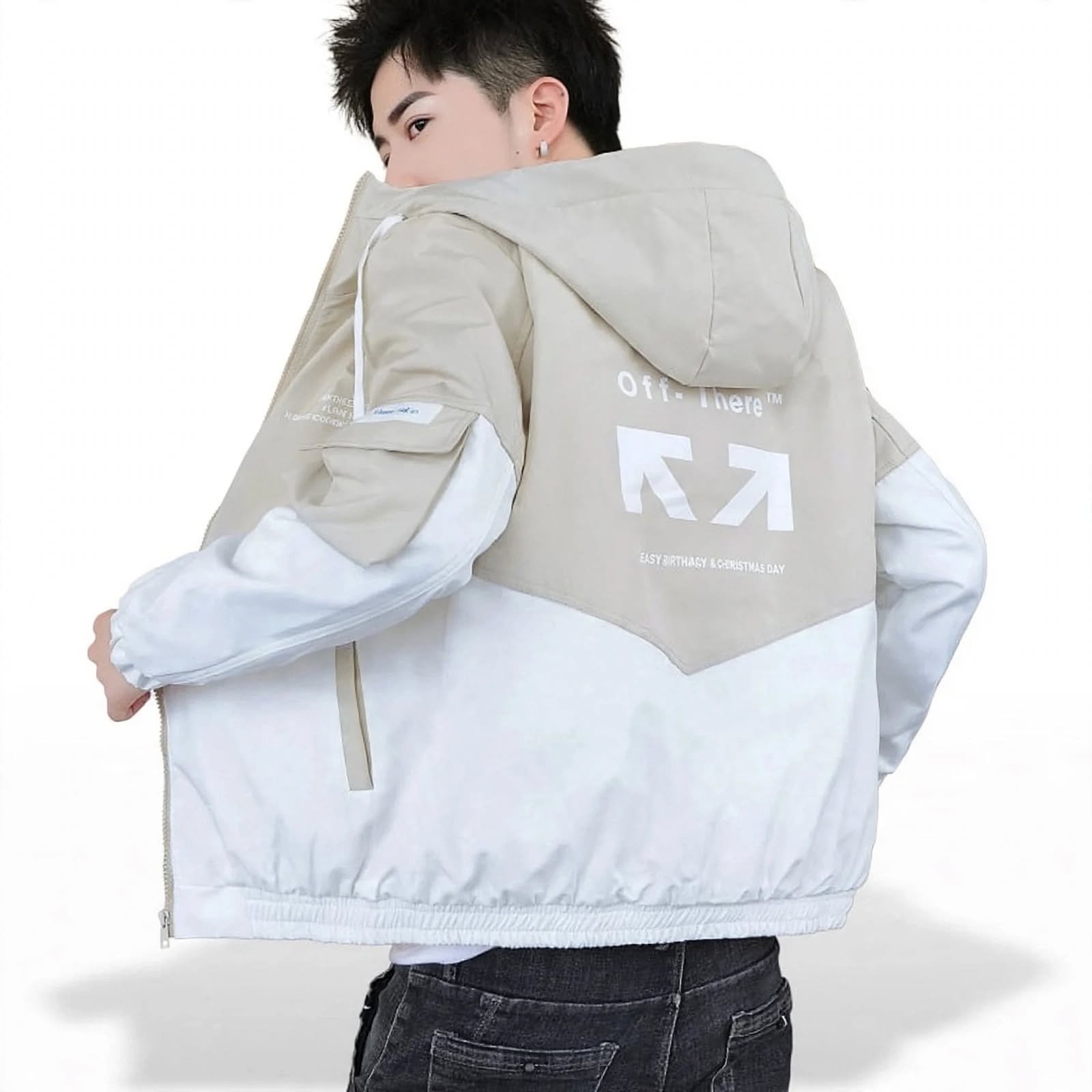 Men's Beige & White Hooded Windbreaker Jacket – Color Block Casual Streetwear Jacket
